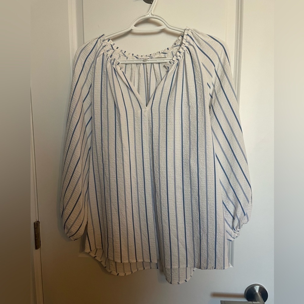 Calvin Klein Vertical-Stripe Peasant Top (M) white with blue stripes.